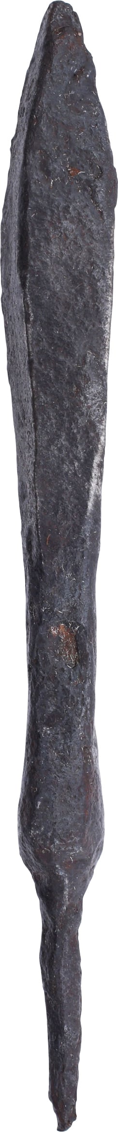 MEDIEVAL EUROPEAN CROSSBOW BOLT 11th-13th CENTURY: 4 1/8" length of slender proportions with thickened diamond section point. Stable excavated condition with some areas of original surface. Made for use against leather and mail armor, these were somet