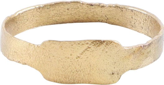 MEDIEVAL EARLY CHRISTIAN WOMAN'S RING, SIZE 7: Size 7, with 2.3mm width band slightly flared at the shoulders and flat section. Rectangular bezel with faint transverse lines, probably to serve as a signet (seal). Surface textured from burial. Prof