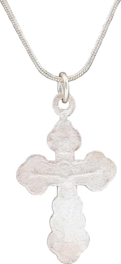 FINE EASTERN EUROPEAN CROSS, 17TH-18TH CENTURY: Silvered bronze, over 1 3/8" (1.44") height. Cross potent form. That form is also known as the Crusader's cross, having been an element in the arms of Godfrey Bouillon which he wore during the First C
