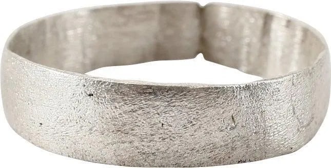 ANCIENT VIKING MAN'S WEDDING RING C.850-950 AD, SZ 9 1/4: Broad band swelled at the top, 4.7-5.4mm width with low round face. Silvered bronze, fine wearable size 9 1/4. Vikings exchanged rings on the pommel of the groom's sword. Professionally refurbished wi