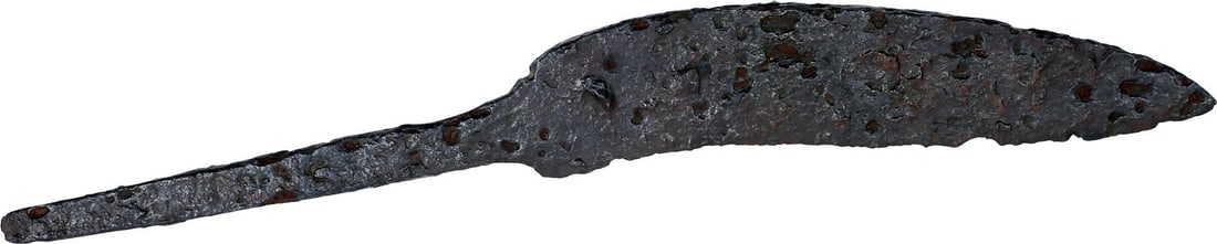 CELTIC SCRAMSEAX C.10TH-11TH CENTURY: 8 1/2" length with 4 5/8" thick wedge section blade of down turned form providing a thrusting point, but primarily a slightly curved slashing blade as slashing was the primary move in knife fighting. 