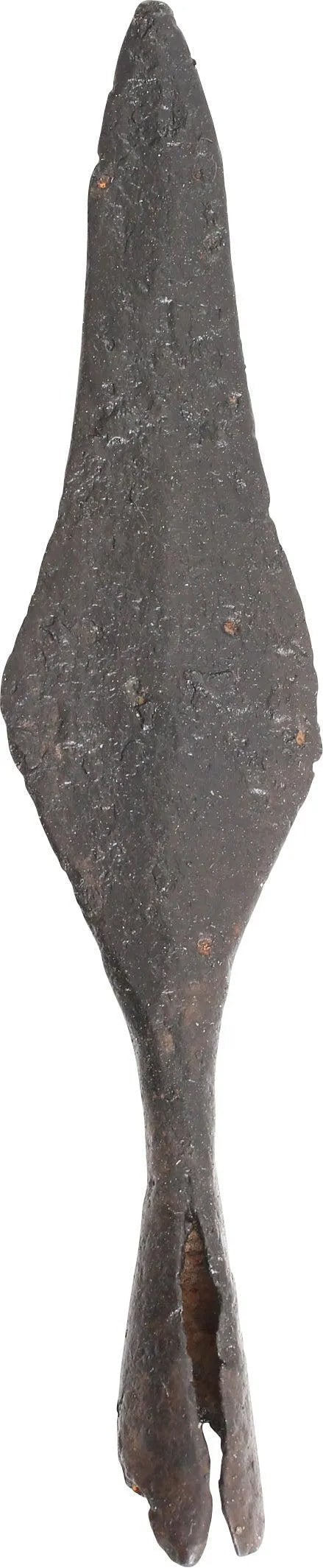 VIKING RAIDER'S SOCKETED ARROWHEAD, 9th-10th C.AD: Large example. 4 1/4" length with tapered side butted seam socket, (small chips along the bottom). The slender point thickened in the middle for penetration of the leather armor of their opponents. Ma