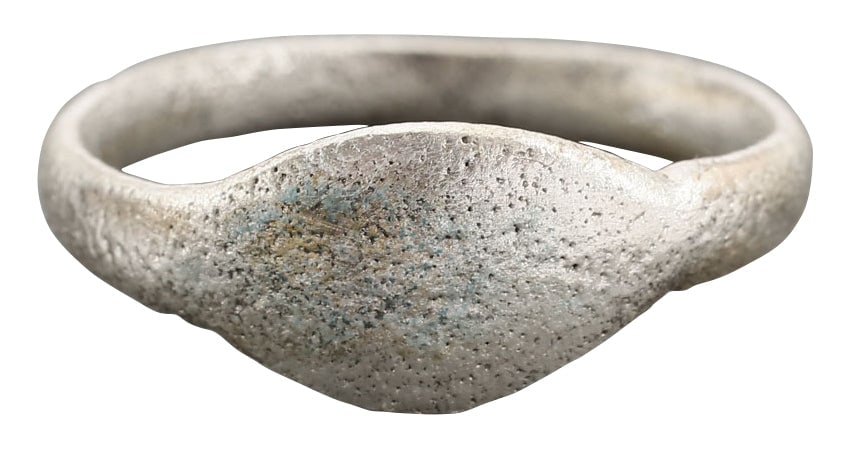 MEDIEVAL EUROPEAN MAN'S RING, SIZE 9 1/2: Size 9 1/2 with 2.9mm rounded band and domed lenticular bezel. Textured burial. Professionally refurbished with the silver surface restored. Gift boxed with certificate of authenticity. •Celtic