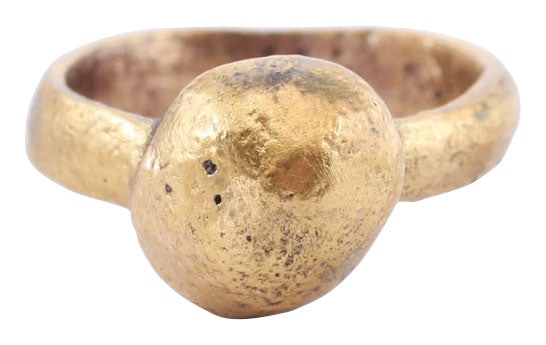 MEDIEVAL EUROPEAN WEDDING RING C.1250-1450, SIZE 8 1/2: Gilt bronze, size 8 1/2 with rounded. 4.2mm width. Professionally refurbished with the 24karat gold surface restored. Jewelry gift boxed with certificate of authenticity. Nice form. •Celtic
