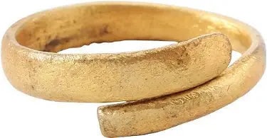 ANCIENT VIKING COIL RING 850-1050 AD, SZ 9 1/2: Gilt bronze, size 9 1/2 with rounded face, tapered through its length from 2.9mm to 4.4mm. About 1/4 circumference overlap. Surface lightly texture from burial. Professionally refurbished with the 24k