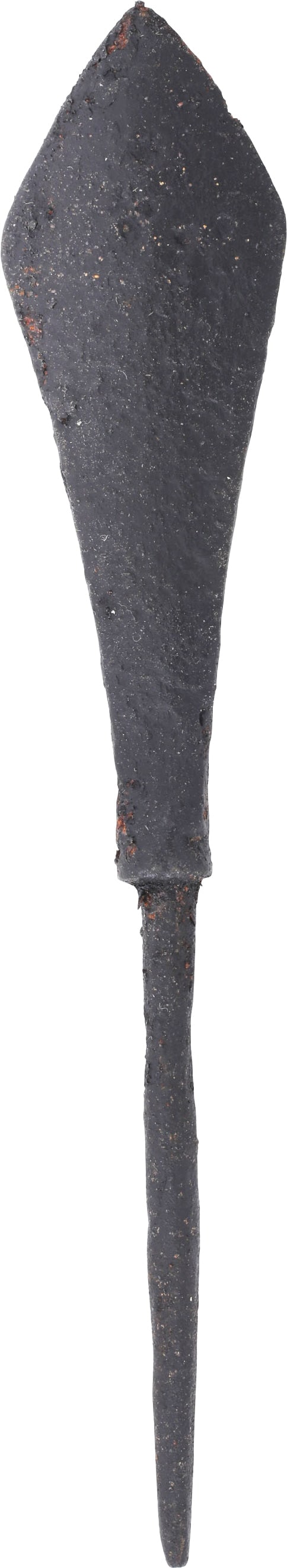 ANCIENT VIKING RAIDER'S TANGED ARROWHEAD, 850-1000 AD: Over 4 1/4" length, finely forged iron with straight cutting edges. Relatively thin construction intended for raiding where the opponents would be unprotected by padded jerkins. Flared foot and thin