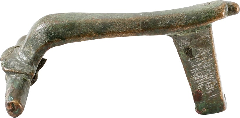 ANCIENT ROMAN BROOCH (GARMENT PIN) FIBULA.: The original garment pin which was patented two millennia later as the " safety pin" ?. High ridged arched frame with transverse bar decoration and nub finial. Fastened at the shoulder and serving as 