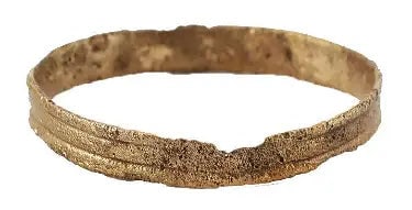 ANCIENT VIKING WEDDING RING C.850-1050 AD, SZ 9 1/4: C.850-1050 AD. 2.9mm width band of the flat section with two annular grooves giving the effect of three bands. Size 9 1/4. Vikings exchanged rings on the pommel of the groom's sword. Professionally