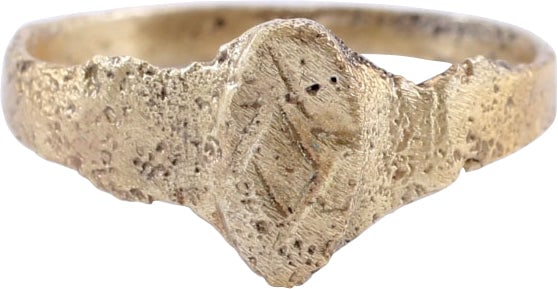 EUROPEAN WOMAN'S RING C.15TH-16TH CENTURY, SIZE 5 1/4: Gilt bronze, size 5 ¼ with low rounded face, 1.9mm width flared to the expanded shoulders. Raised transverse oval bezel engraved with a diamond motif. Probably worn on the small finger as was t