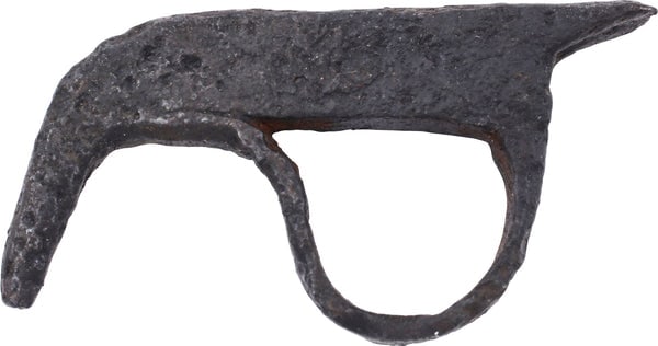 VIKING FLINT STRIKER, C.850-1050 AD: Forged iron just over 2 3/8" length. Tapered striking bar with a base spur to anchor it in use, with decorative scalloping above. Curved terminal forming the finger stall. The curvilinear form is sugg