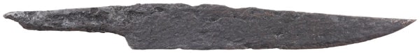 ANCIENT VIKING POUCH KNIFE, 9th-11th CENTURY: 5 1/2" (5.49") total length. Wedge section blade for slashing with a slightly dropped point in the scramseax style for thrusting. Whittle tang, to secure it to the wood, bone, or antler grip, now peri