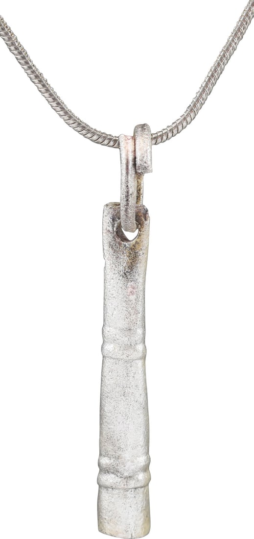 VIKING TUBULAR BEAD/PENDANT, C.866-1067 AD: Danelaw England. Silvered bronze, about 1 ¼" (1.21") of elongated conical form with butted seam and pierced terminal with its original suspension ring. Double decorative bands at the top and bo