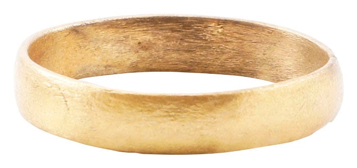 VIKING WARRIOR'SRING C.850-1050AD, SIZE 11 1/2: Silvered bronze, size 11 1/2 with well rounded face, 4.5mm width. The surface worn from decades of use. Professionally refurbished with the 24karat gold surface restored for contemporary wear. Jewelry