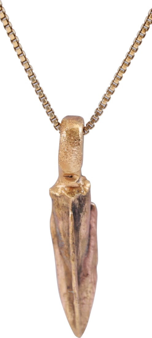 FINE ROMAN BRONZE ARROWHEAD PENDANT NECKLACE, 100BC-100AD: About 3/4" (0.74") length Fine proud triangular section with a delineated tapered socket and wide veins. Professionally refurbished with 24karat gold overlay and mounted on an 18" modern gilt Sterling