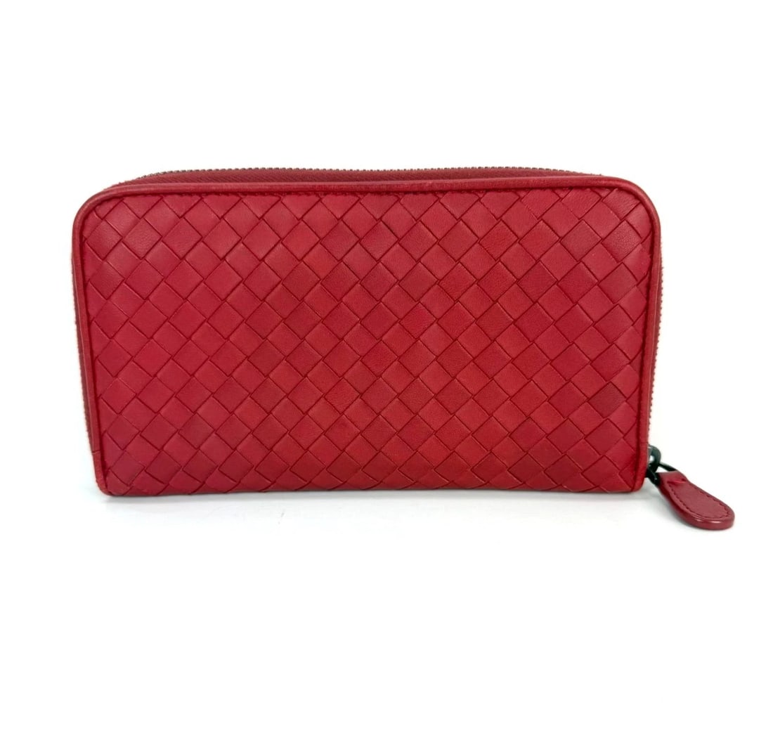 Bottega Veneta Intrecciato Zip Around Leather Wallet Clutch Dark Red - 2
