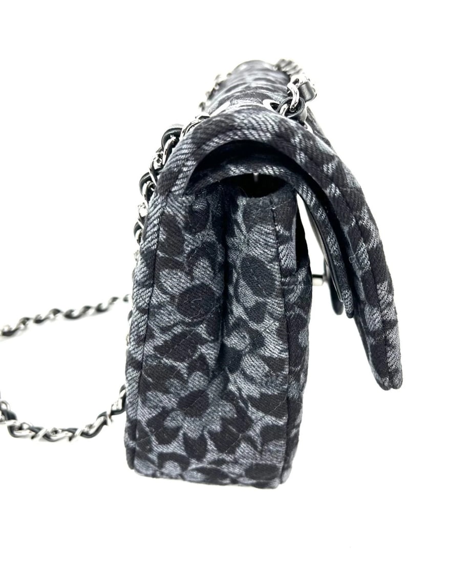 Chanel Printed Denim Quilted Flower Medium Double Flap Black Bag - 3