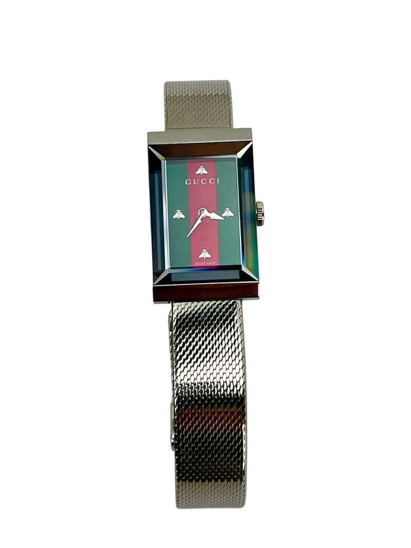 Gucci G-Frame Rectangular Stainless Steel Dial Watch: Preowned 100% Authentic Gucci G-Frame Rectangular Stainless Steel Dial Watch RATING: B, very good, well maintained, shows minor signs of wear MODEL: YA147401 ID NUMBER: 17906952 06/19 2459 GENDER: Lad