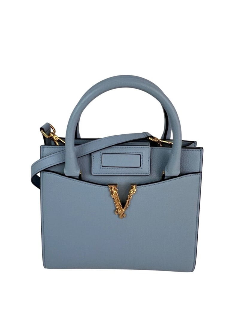 Versace Virtus Top Handle Grained Calfskin Light Blue Tote - 2