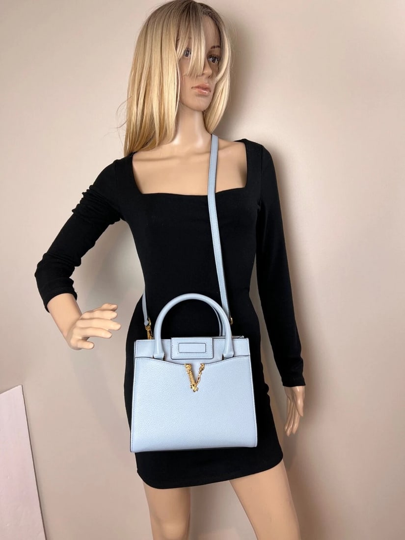 Versace Virtus Top Handle Grained Calfskin Light Blue Tote - 7