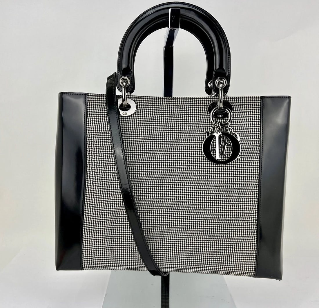 Christian Dior Large Lady Black Patent Leather Canvas Bag - 2