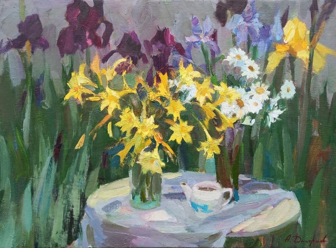 Oil painting Bouquet with irises Alex Ditriev: Title : Oil painting Bouquet with irises Alex Ditriev Description: 11AD Painter: Alex Ditriev Size: 56x76 cm/22x29.9 inches Components: oil, canvas Original painting from our collection ERA: 2021 Shor
