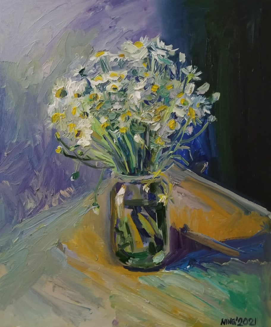 Oil painting Daisies Nina L: Title : Oil painting Daisies Nina L Description: 82Lt Painter: Nina L. Size: 60x50 cm/ 23.62x19.68 inches Components: oil, canvas Original painting CONDiTiON: exellent ERA: 2021 ARTiST: She was born o