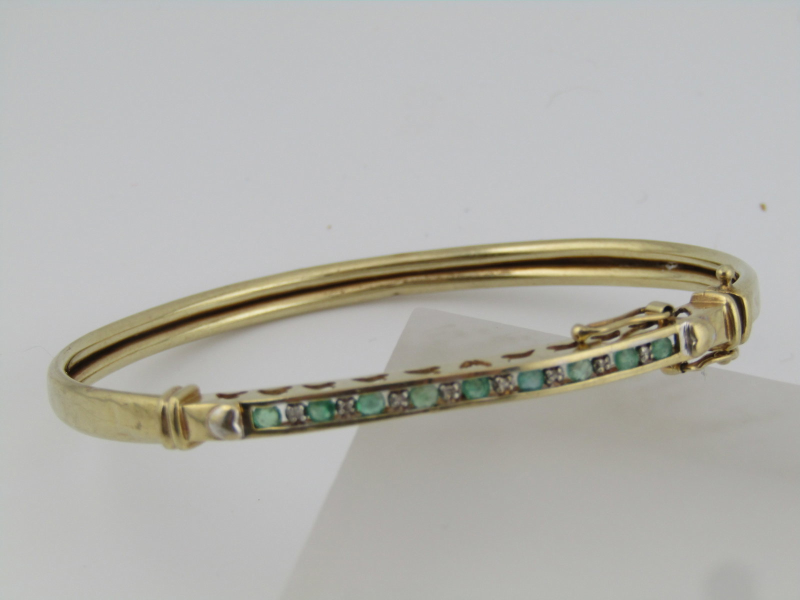 Vintage 10kt Emerald and Diamond Bangle Bracelet, Locking, 7", Mid-Century - 2