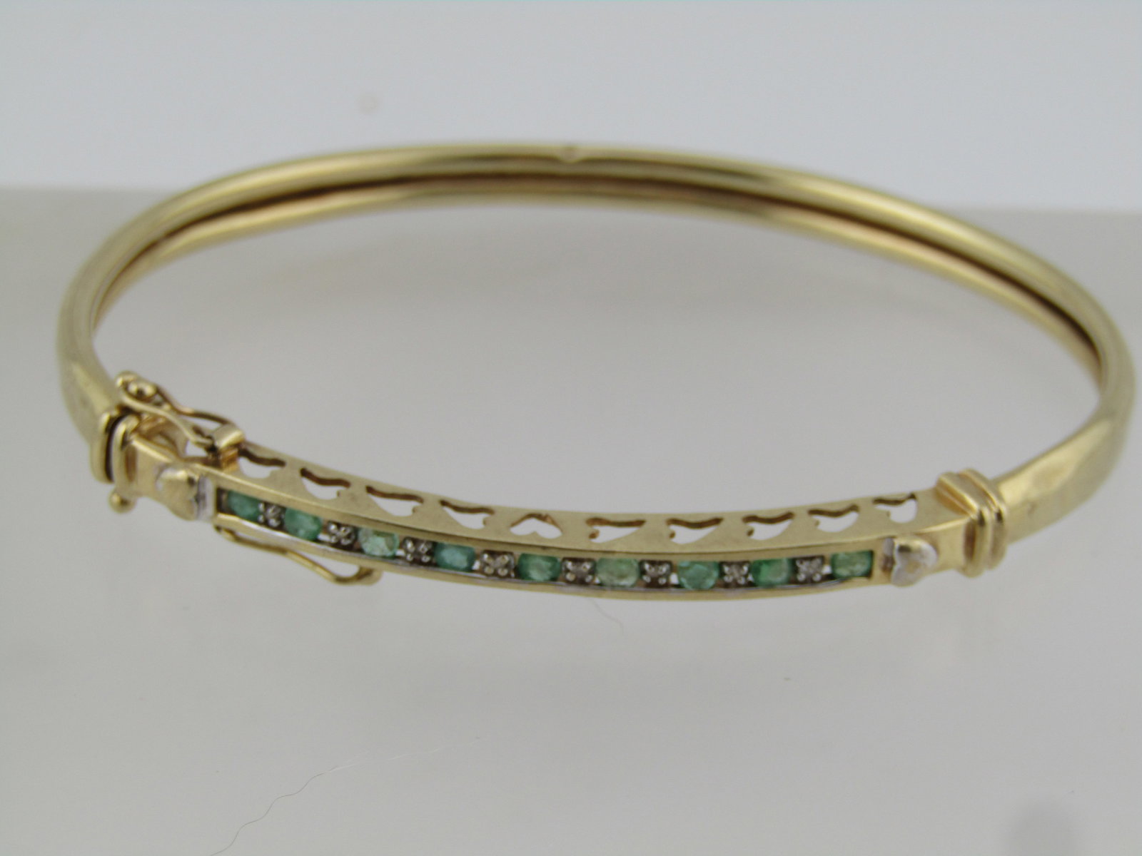 Vintage 10kt Emerald and Diamond Bangle Bracelet, Locking, 7", Mid-Century - 3