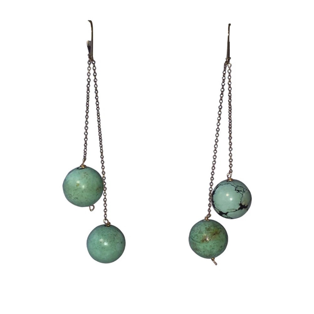 Hand Made Gold Filled Turquoise Round Bead Drop Earrings - 2