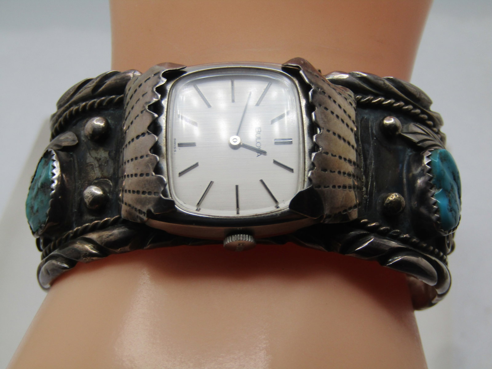 Vintage Sterling Navajo Turquoise Coral Cuff Watch,6.5", J. Yazzie, 1960's-1970's Est. - 3
