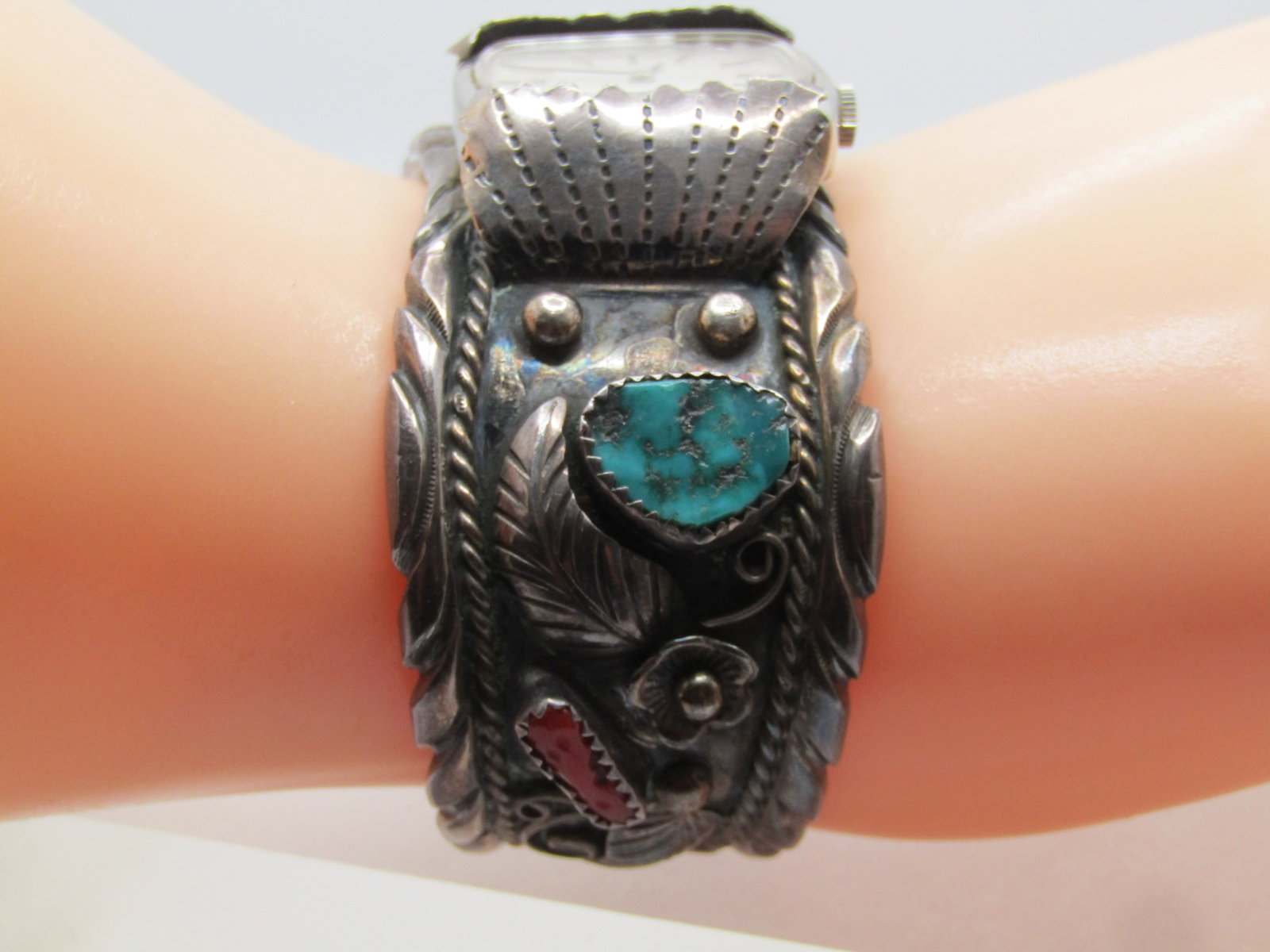 Vintage Sterling Navajo Turquoise Coral Cuff Watch,6.5", J. Yazzie, 1960's-1970's Est. - 5