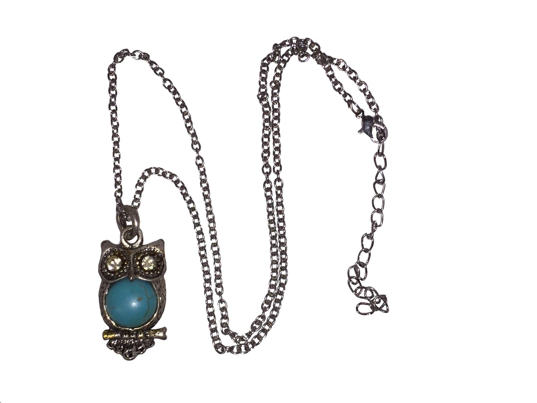 Fun Silver Tone Turquoise and Rhinestone Owl Charm Necklace - 2