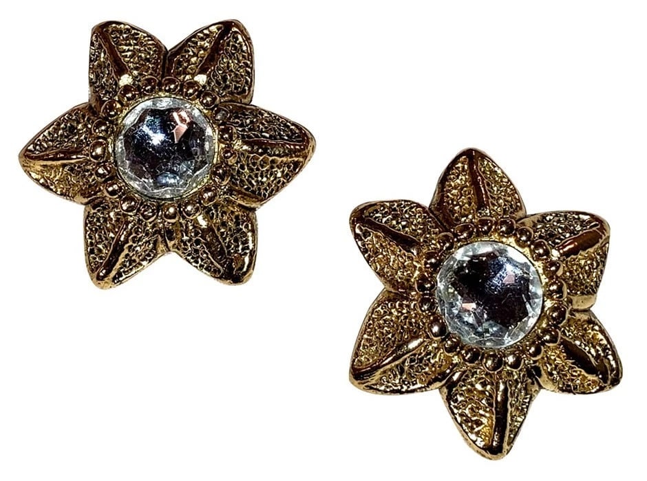 Poggi Clear Rhinestone Headlight Ethced Flower Earrings - 2