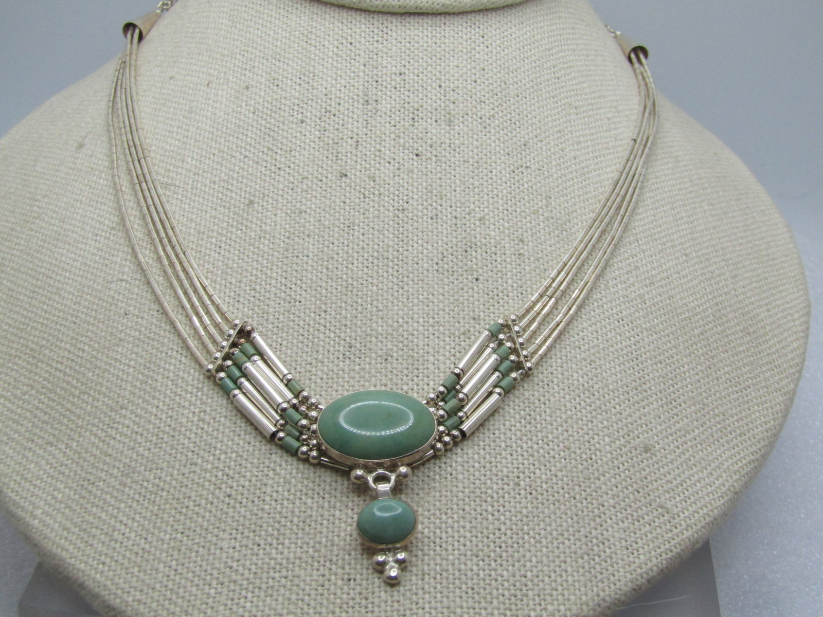 Sterling Southwestern Liquid Silver and Green Stone Drop Necklace, 12"-18", Signed QT (Quoc), and - 2