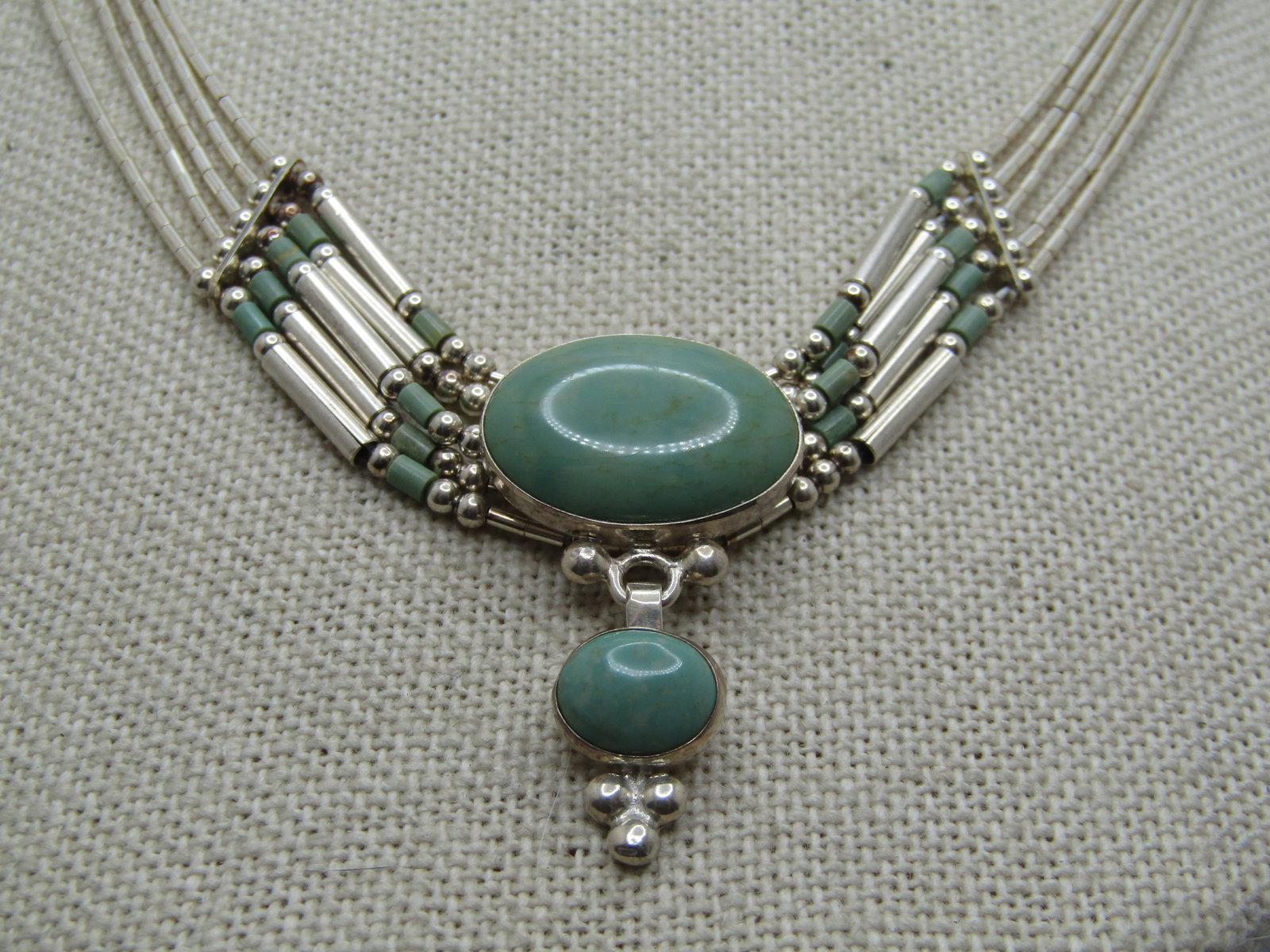 Sterling Southwestern Liquid Silver and Green Stone Drop Necklace, 12"-18", Signed QT (Quoc), and - 3