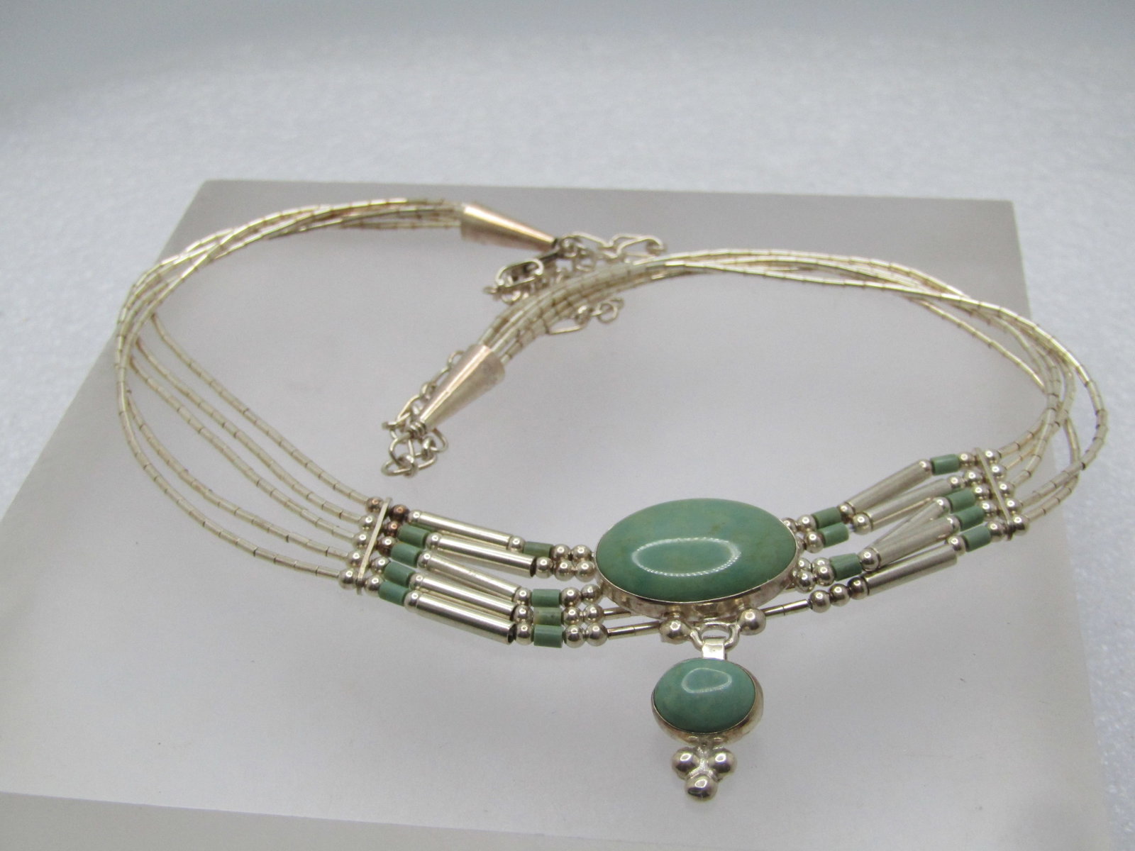 Sterling Southwestern Liquid Silver and Green Stone Drop Necklace, 12"-18", Signed QT (Quoc), and - 7