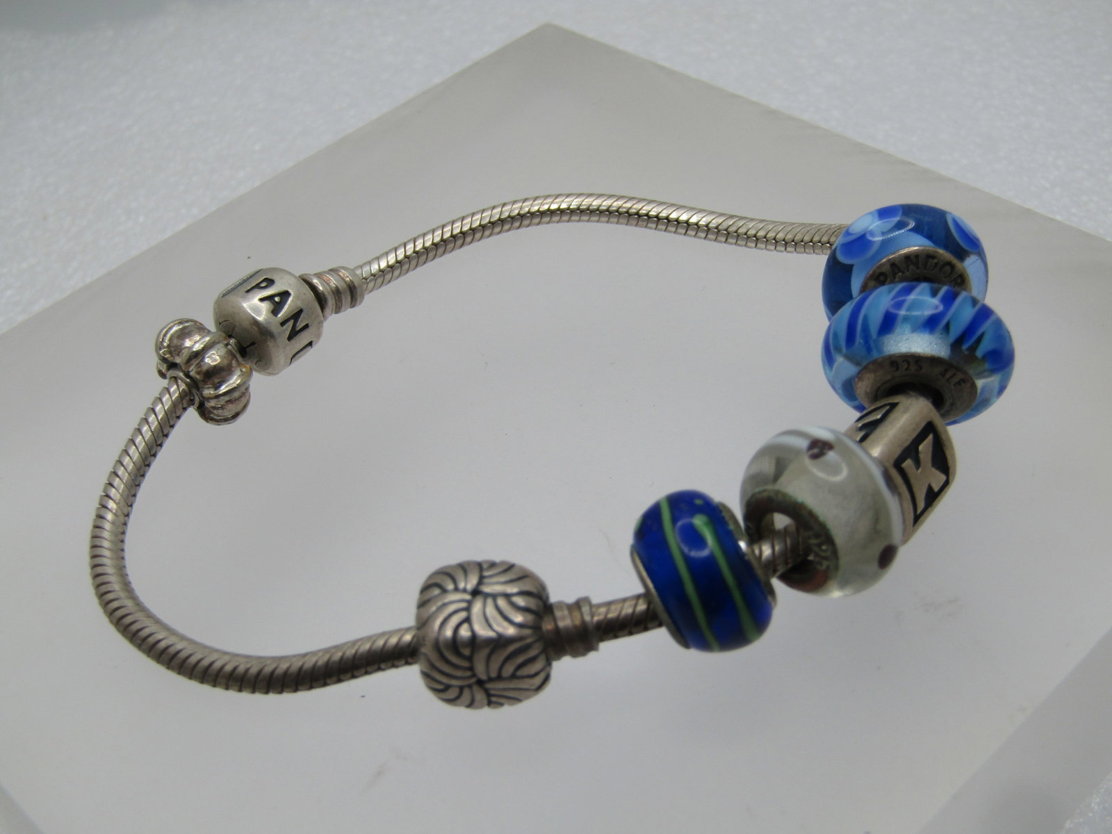 Vintage Sterling Pandora Slide Charm Bracelet - 7 Charms, 7", Signed, 1990's - 2