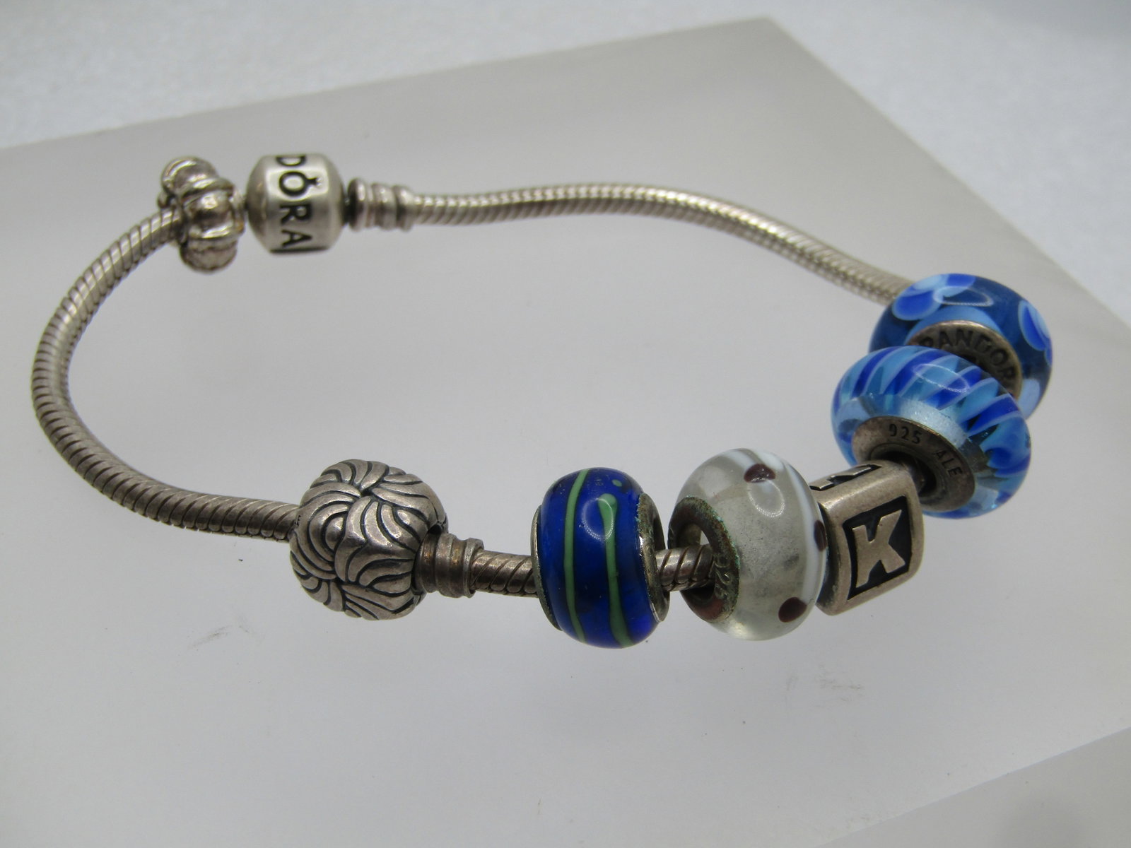 Vintage Sterling Pandora Slide Charm Bracelet - 7 Charms, 7", Signed, 1990's - 3