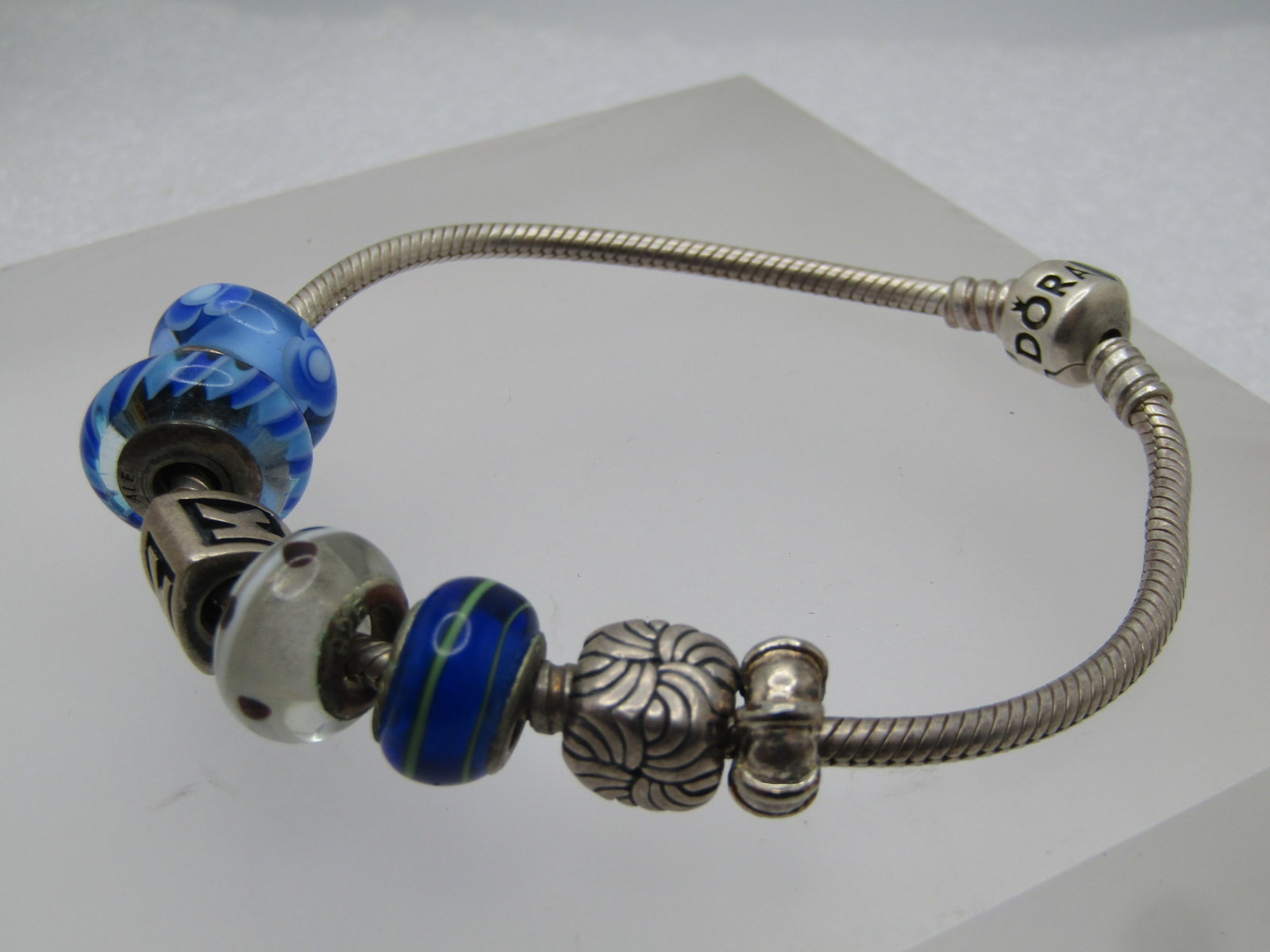 Vintage Sterling Pandora Slide Charm Bracelet - 7 Charms, 7", Signed, 1990's - 8
