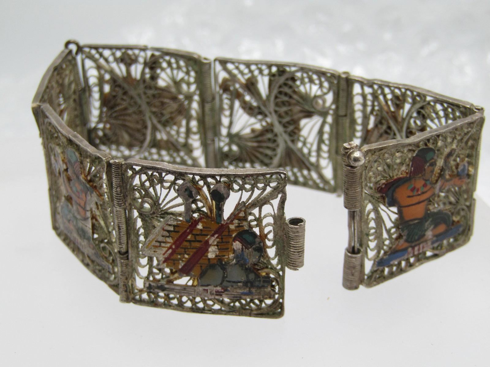 Vintage Silver Enameled Egyptian Filigree Bracelet, 7.25", Pin Clasp, - 2