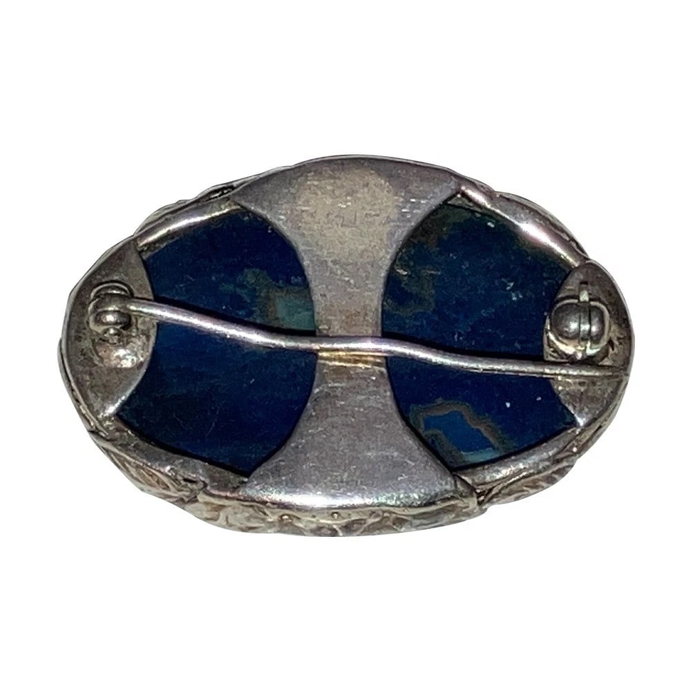 Art Nouveau Ornate Frame Oval Sterling Silver Dumortierite Pin Brooch - 7