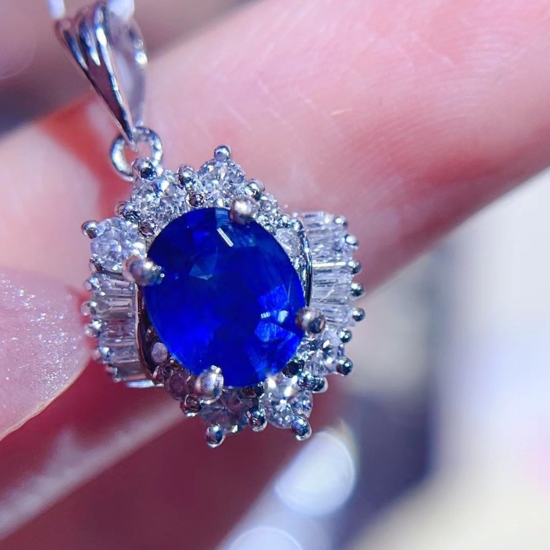 14K GOLD 1.56 CTW VIVID BLUE NATURAL SAPPHIRE and DIAMOND PENDANT - 2