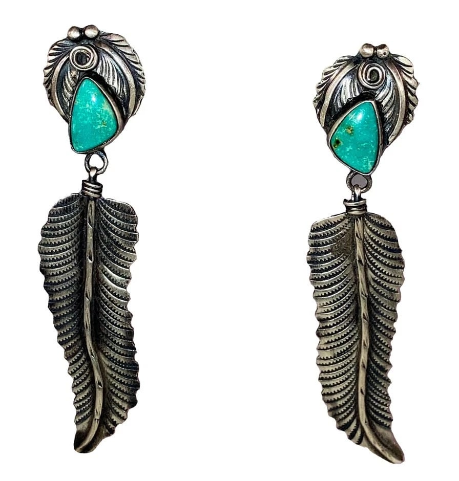 Navajo Native American Sterling Silver Feather Turquoise Earrings Jewelry - 2