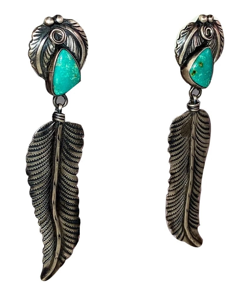 Navajo Native American Sterling Silver Feather Turquoise Earrings Jewelry - 3