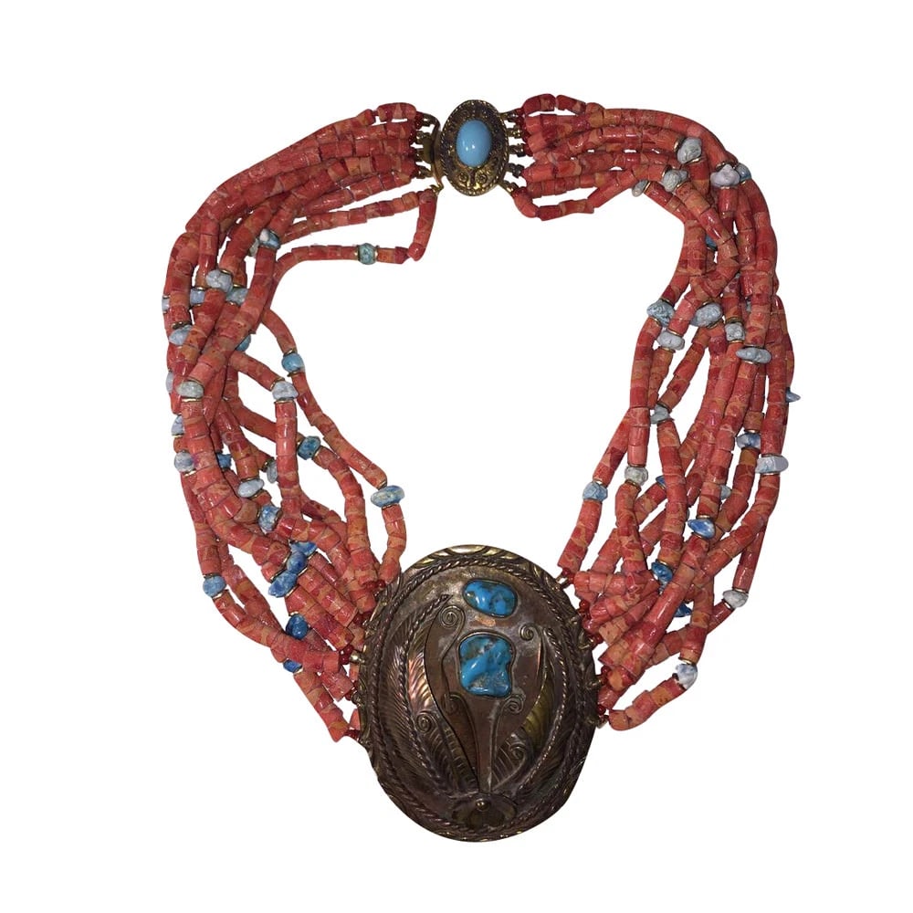 Massive Sponge Red Coral Bead Turquoise Nugget Buckle Necklace - 2