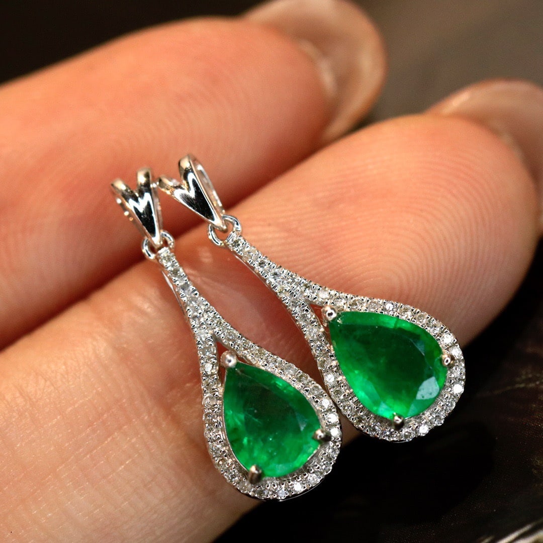 14K GOLD 1.36 CTW VIVID GREEN NATURAL EMERALD and DIAMOND EARRINGS - 2