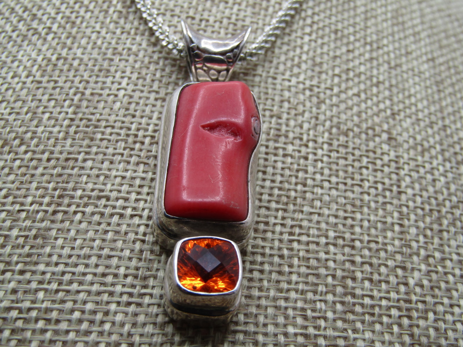 Sterling Southwestern Mod Coral Citrine Necklace, 24", Signed, 1980's-1990's - 2