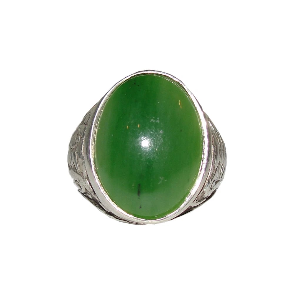 Men's Antique Inspired Oval Chinese Inspired Sterling Silver and Jade Cabochon R - 2