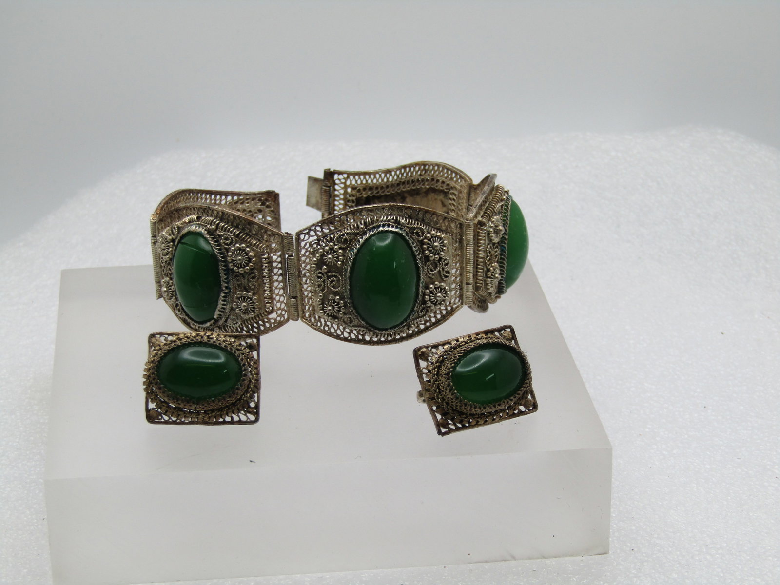 Vintage China Export Filigree Green Glass Bracelet Earrings, Set. 1920's-1930's, 7" - 2