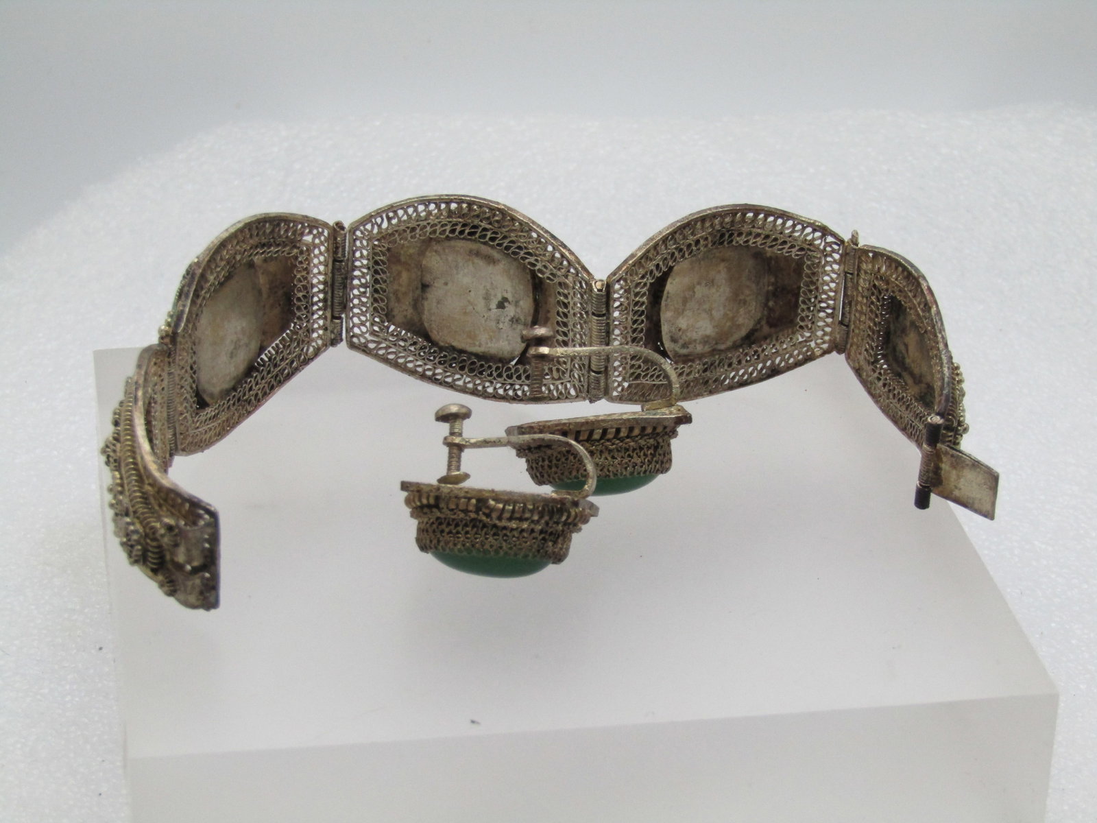 Vintage China Export Filigree Green Glass Bracelet Earrings, Set. 1920's-1930's, 7" - 7